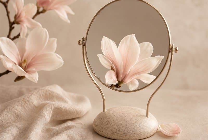 Un miroir posé sur un galet, reflétant une fleur épanouie
