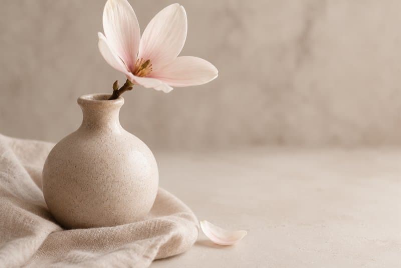 Une fleur de magnolia dans un vase, un pétale tombé à côté
