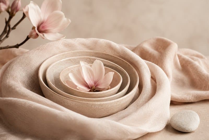 Des bols emboîtés enveloppés de lin, une fleur de magnolia au centre