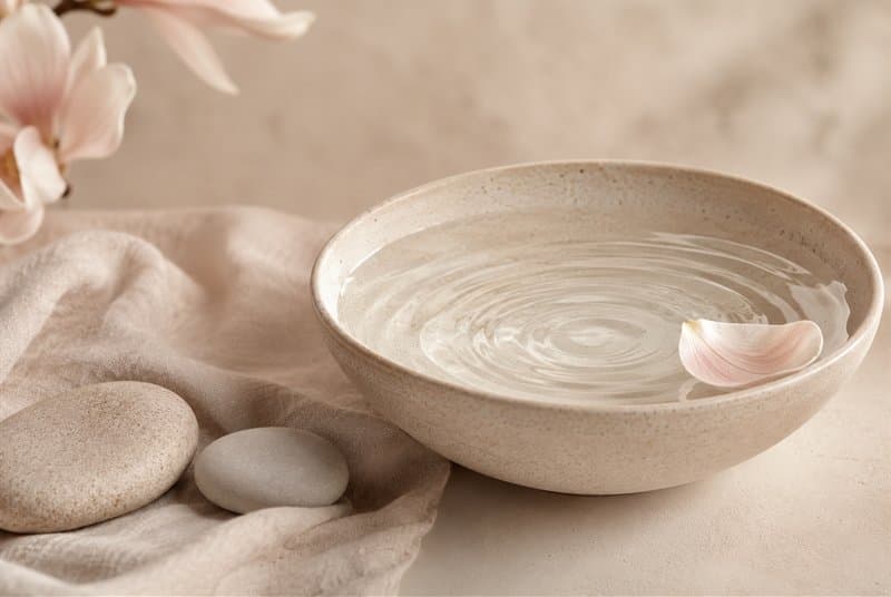 Un bol d’eau dont les ondes s’apaisent, près d’une branche de magnolia