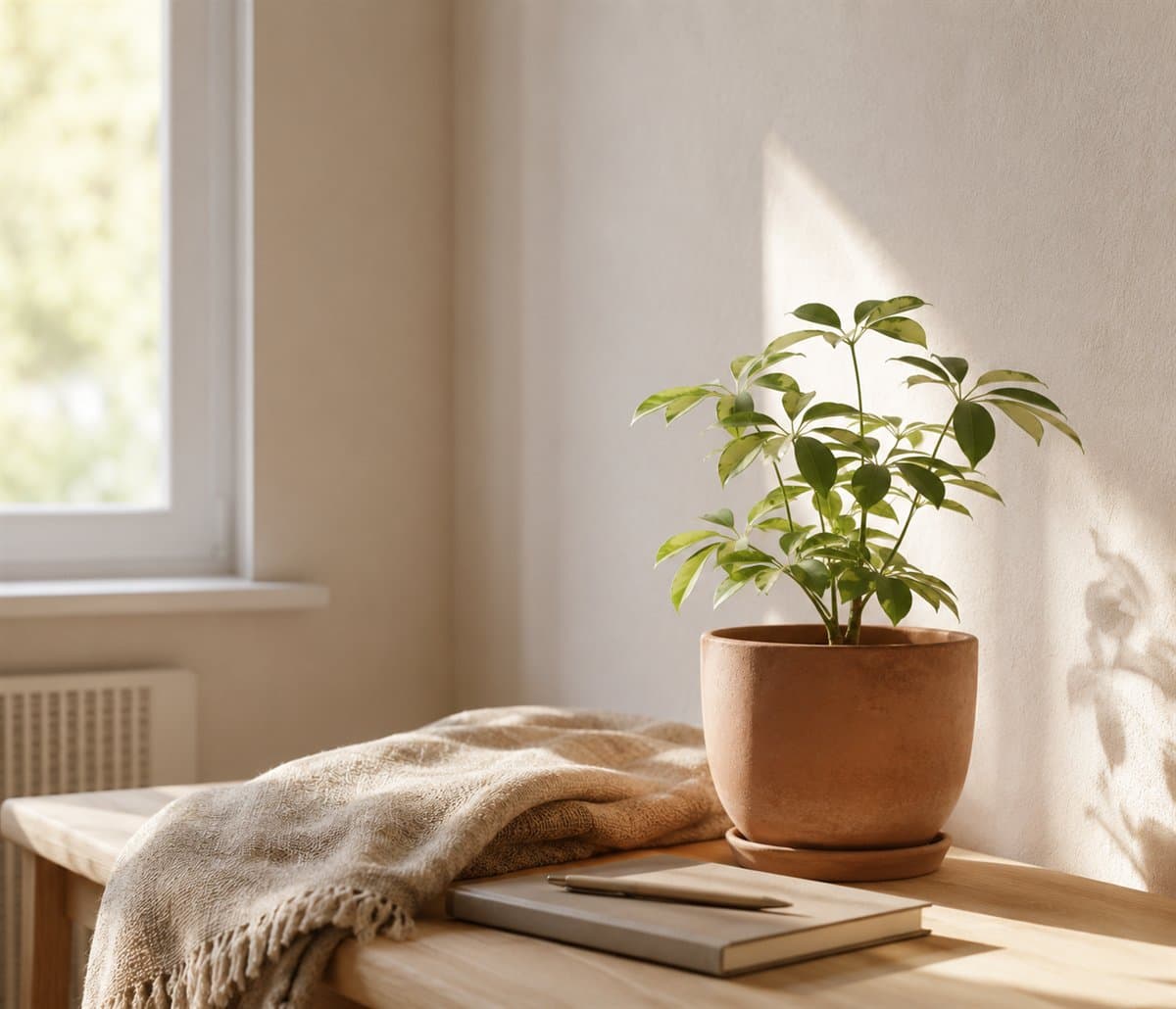 Plante et carnet posés près d’une fenêtre